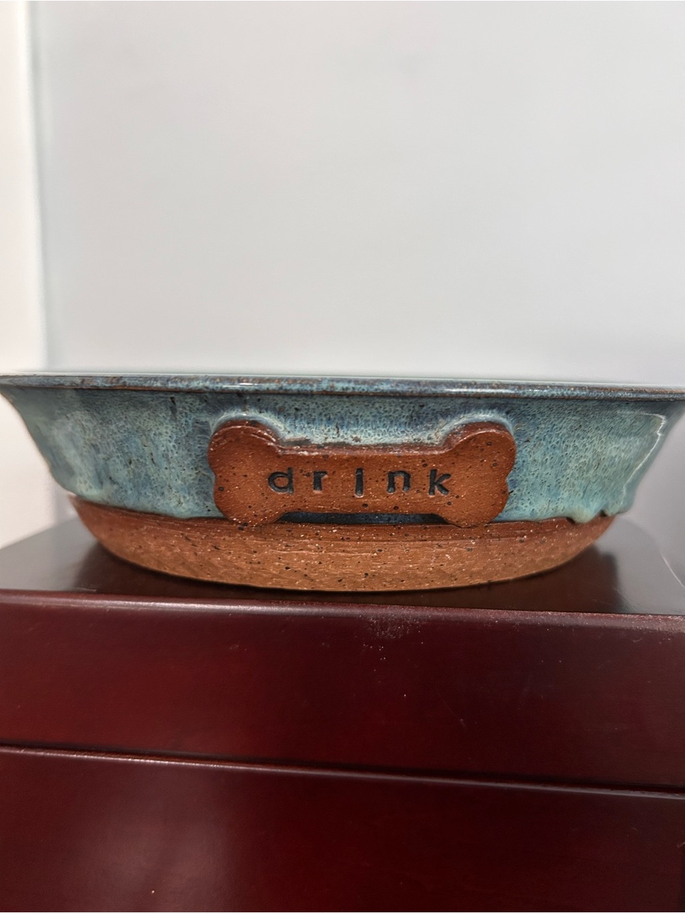 Handcrafted Teal & Terra Cotta
Ceramic Pet Water Bowl with
"Drink"